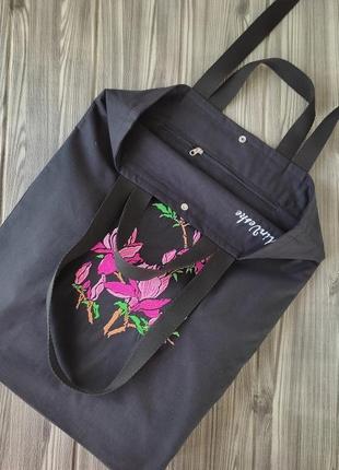 Сумка-шопер, торба з вишивкою квіти магнолії7 фото