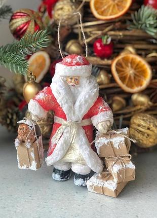 Ялинкова іграшка з вати «дід мороз з подарунками»