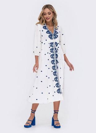 Женское белое длинное качественное платье вышиванка, вышитое платье украинская этатно рубашка