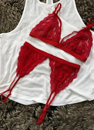 Білизна безрозмірний комплект червоний сексуальний бюстик бра балконет мереживо пояс для панчіх1 фото