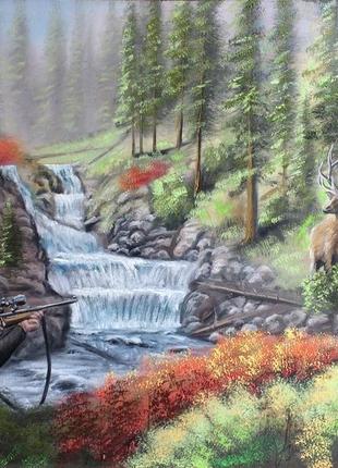Картина, охота на оленя, 50х70 см. живопись на холсте, отличный подарок, декор интерьера5 фото