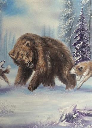 Картина, охота на медведя, 50х40 см. живопись на холсте, отличный подарок, декор интерьера2 фото