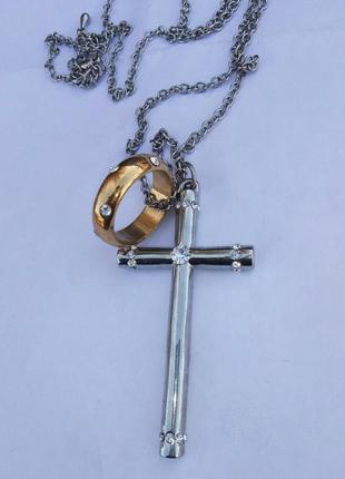 Подвеска женская крестик с кольцом с камнями