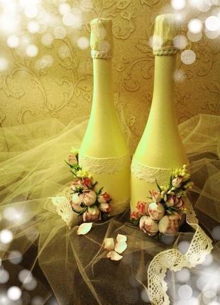 Декор свадебного шампанского и бокалов4 фото