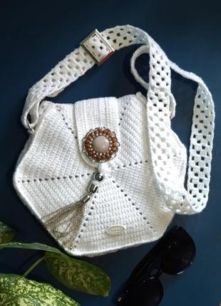Маленька в'язана сумка - біла сумка з довгою ручкою - ідея для подарунка2 фото