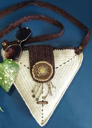 Летняя вязаная треугольная сумка - летняя сумочка через плечо - сумочка для телефона1 фото