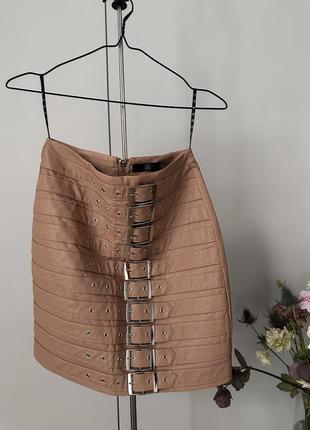 Кожаная женская юбка, размер s, бежевая, missguided4 фото
