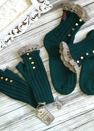 Набір для подарунка смарагд - вовняні шкарпетки + в'язані мітенки - оригінальний подарунок дівчині2 фото
