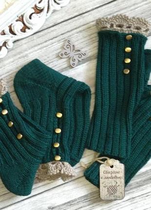 Набір для подарунка смарагд - вовняні шкарпетки + в'язані мітенки - оригінальний подарунок дівчині8 фото