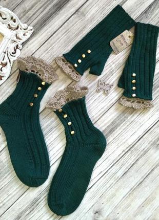 Набор для подарка изумруд - шерстяные носочки + вязаные митенки - оригинальный подарок девушке4 фото