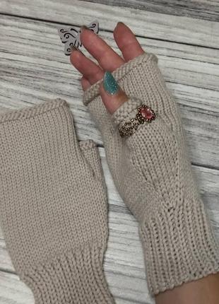 В'язані жіночі мітенки - мітенки з колечком - рукавички без пальців із мериносу6 фото