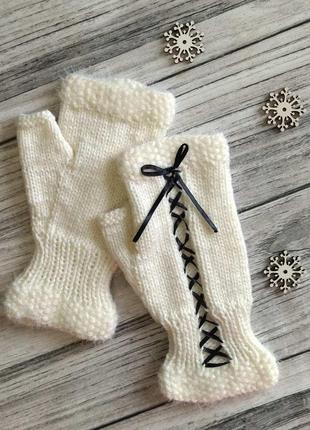 Вязаные женские митенки - белые митенки со шнуровкой - для подарка девушке