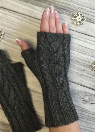 Женские шерстяные митенки  с открытыми пальцами (хвоя)- зимние рукавички оригинальный под