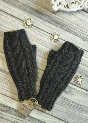 Женские шерстяные митенки  с открытыми пальцами (хвоя)- зимние рукавички оригинальный под6 фото