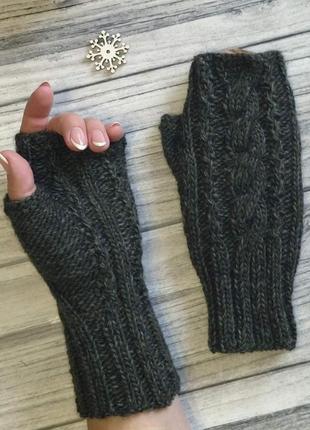 Жіночі вовняні мітенки з відкритими пальцями (хвоя) - зимові рукавички - оригінальний подарунок3 фото