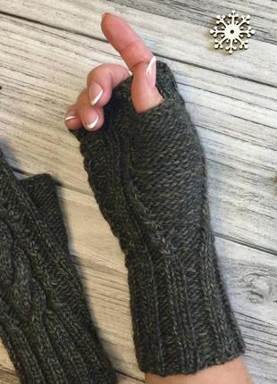 Женские шерстяные митенки  с открытыми пальцами (хвоя)- зимние рукавички оригинальный под7 фото