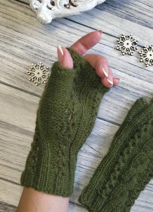 Жіночі ажурні мітенки - в'язані рукавички без пальців - подарунок для дівчини - вовняні рукавички3 фото