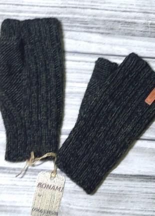 Зимние мужские митенки - вязаные перчатки для мужчин (темно-зеленые)2 фото