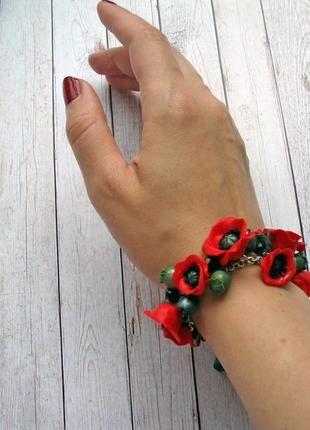 Комплект украшений с цветами браслет и серьги "красные маки"2 фото