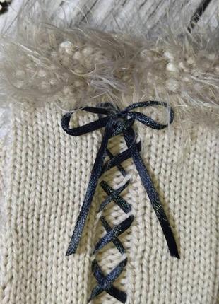 В'язані жіночі мітенки з меріносу- світлі мітенки зі шнурівкою - для подарунка дівчині6 фото