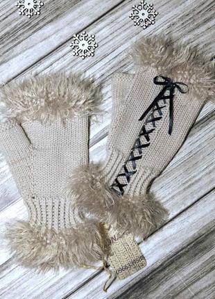 Вязаные женские митенки из мериноса- светлые митенки со шнуровкой - для подарка девушке2 фото