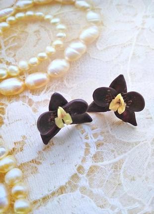 Серьги гвоздики  с цветами черные орхидеи3 фото