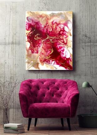 Яскрава стильна абстракція "рубін" 40х50 см інтер'єрна картина акрил золото полотно рожевий червоний3 фото