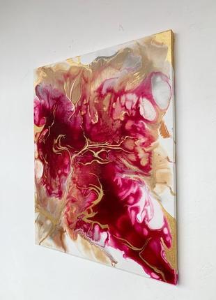 Яскрава стильна абстракція "рубін" 40х50 см інтер'єрна картина акрил золото полотно рожевий червоний9 фото