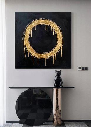 Стильна лофт рельєфна авторська картина абстракція 60 * 60 золото чорний темна абстракція подарунок