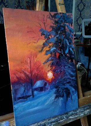 Картина маслом живопись зима зимний вечер3 фото