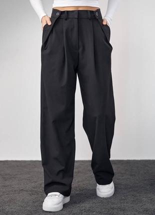 Штани кльош палаццо з гудзиками на поясі брюки чорні графітові класичні базові трендові стильні1 фото