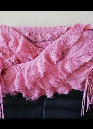 Ажурний рожевий шарф, шаль з бахромою1 фото