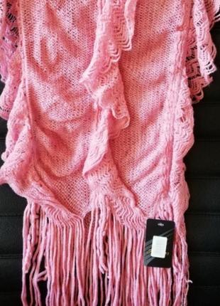 Ажурний рожевий шарф, шаль з бахромою2 фото