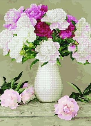 Алмазная картина-раскраска 40x50 пионы в белой вазе (gzs1091) код: 0096-16311 фото