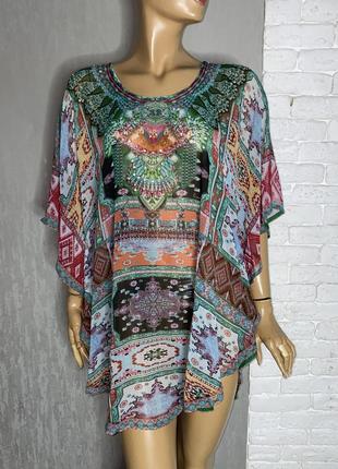 Оригинальная блуза в этностиле блузка -пончо декорирована камушками boutique, m/l1 фото