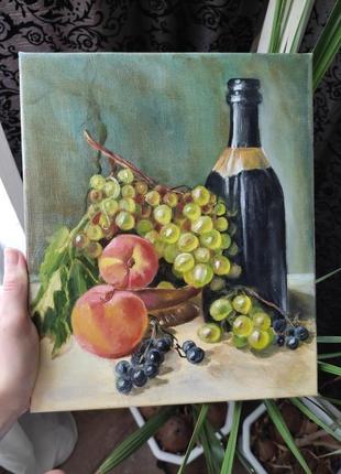 Картина маслом живопись натюрморт с вином персиками и виноградом2 фото