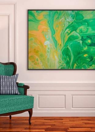 Интерьерная картина жидким акрилом "зеленая абстракция"