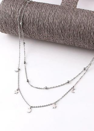 Багатошарова ланцюжок з підвісками у сріблі, багатошарове кольє з ланцюжків з кулонами