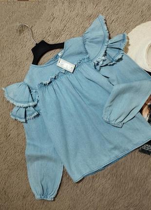 Шикарный джинсовый топ с рюшами и объемными рукавами/блузка/блуза