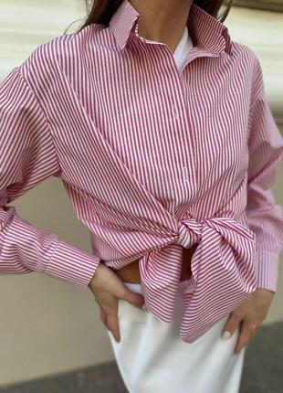 Полосатая коттоновая рубашка на пуговицах, женская удлиненная рубашка в полоску9 фото