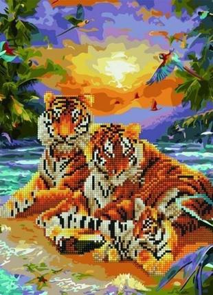 Алмазная картина-раскраска 40x50 семья тигров