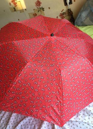 Зонт зонтик складной компактный полуавтомат яркий с принтом рисунком бабочками красный женский1 фото