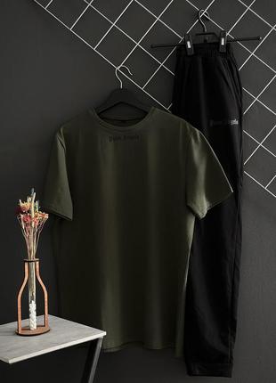 Чорні чоловічі штани palm angels чорний лого+футболка хакі, висока якість