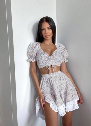 Костюм юбка мини + кроп топ блуза в цветочек с рюшами оборками милый комплект с...