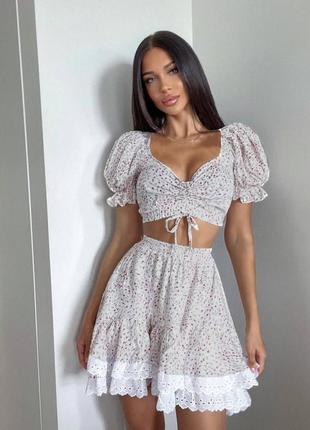 Костюм юбка мини + кроп топ блуза в цветочек с рюшами оборками милый комплект с...