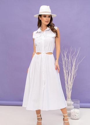 Белое льняное платье-рубашка с вырезами, лён, l