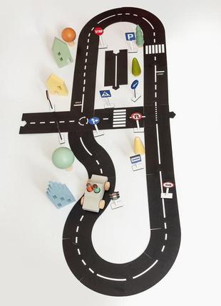 Деревянный конструктор "дорога вудленд big, набор дорожных знаков и деревянных игрушек "1 фото