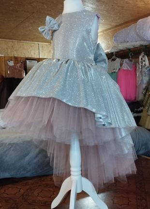 Платье выпускное на 6-7 лет цвет пудра фатиновая детская с садика нарядная асимметрия с блеском