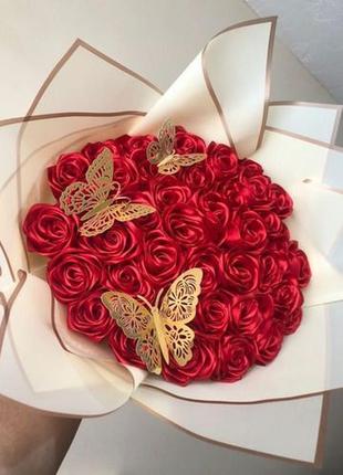 Букет із атласної стрічки троянд декоративний квіти з атласної стрічки подарунок дівчині мамі сестрі подрузі коханій9 фото