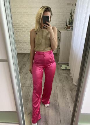 Атласные брюки летние розовые шелк